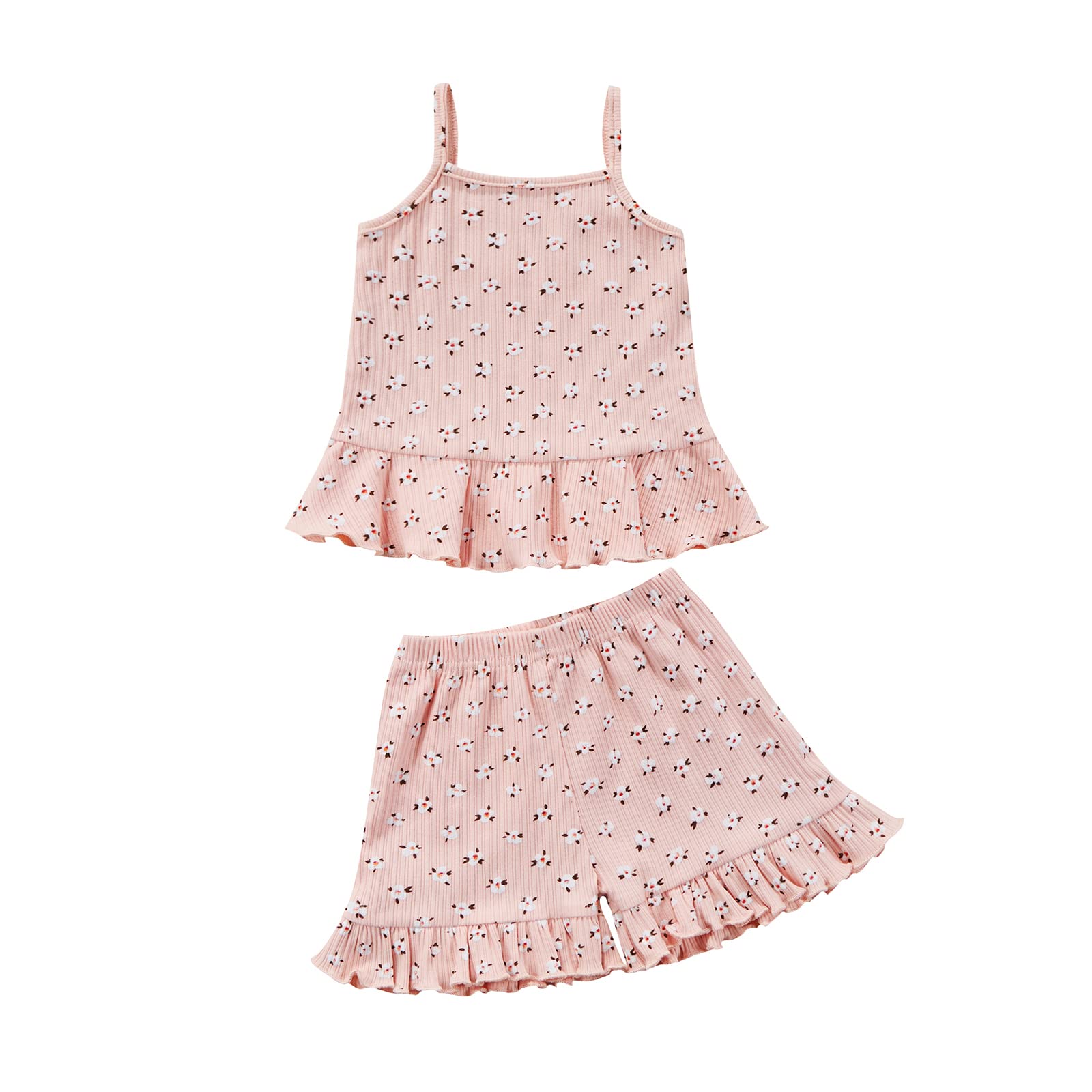 COORALLY Toddler Baby Girl Floral Ruffled Outfits Set Strap Crop Tops+ Shorts Pants Summer Clothes Set (A-Pink 12-18 Months)