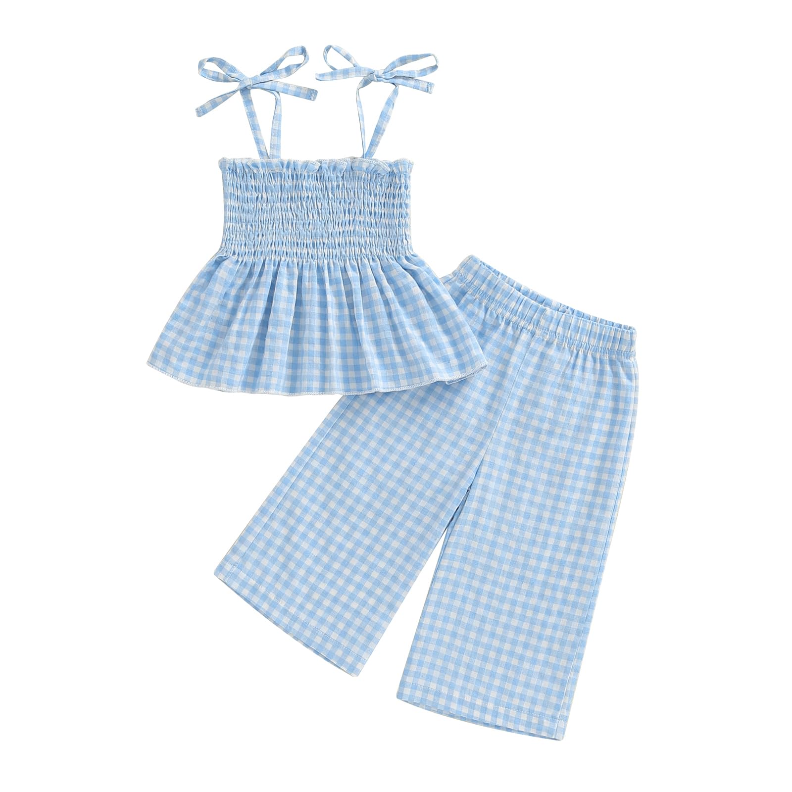 VISGOGO Infant Baby Toddler Girls Clothes Solid Color Sleeveless Camisole Linen Pants Set Baby Summer Outfits (Plaid-Blue 9-12 Months)