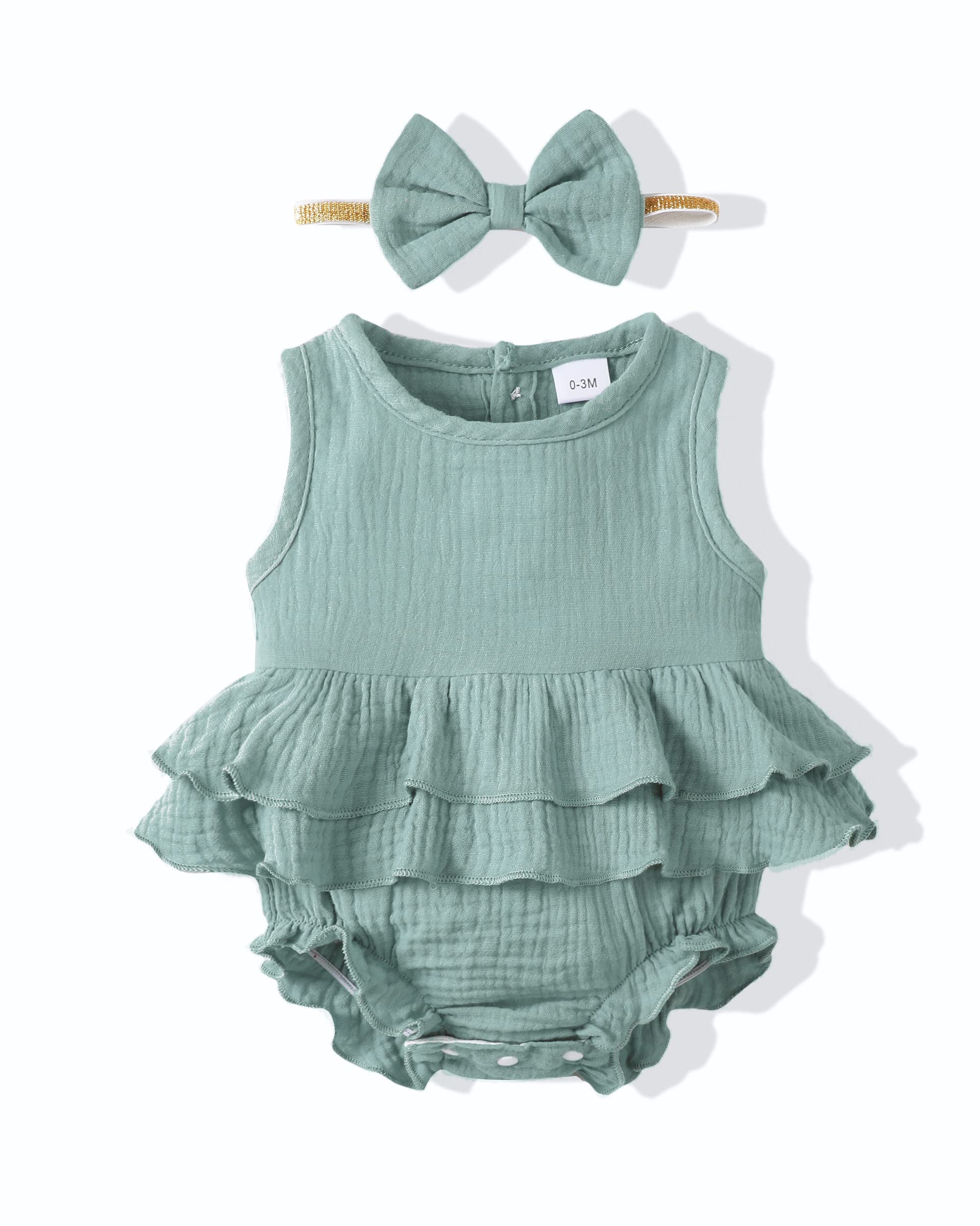 Renotemy Infant Baby Rompers Girl Cotton Linen Clothes Short Sleeve Outfits One-Piece Bodysuit Baby Girl Clothes 3-6 Months