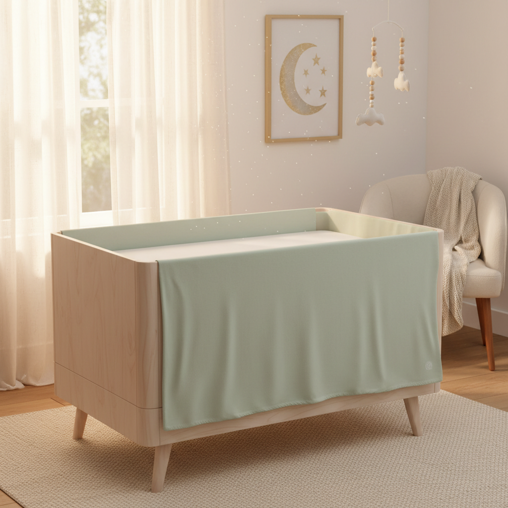 Sage green organic cotton crib sheets fitted on a white crib in a serene nursery